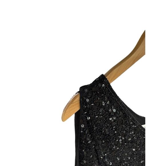Papell Boutique Evening 100% Silk Black Flutter Sleeve Fully Beaded Top M Petite - Picture 3 of 9